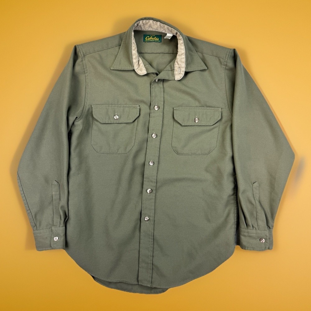 Vintage Cabela's Buttonโ Up Shirt Mens Medium Olive Green USA Workwear Gorpcore